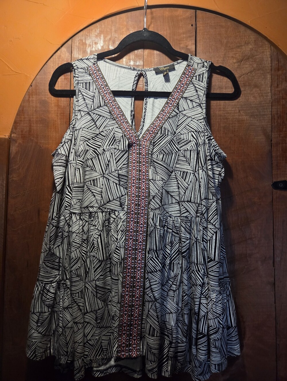 Boho-Embroidered Black & White Sleeveless Women's Dress